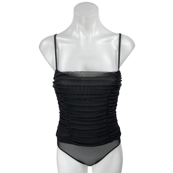 NEW Forever 21 Black Mesh Ruched Sleeveless Cami Camisole Bodysuit Tank Top Sz S - Picture 1 of 5